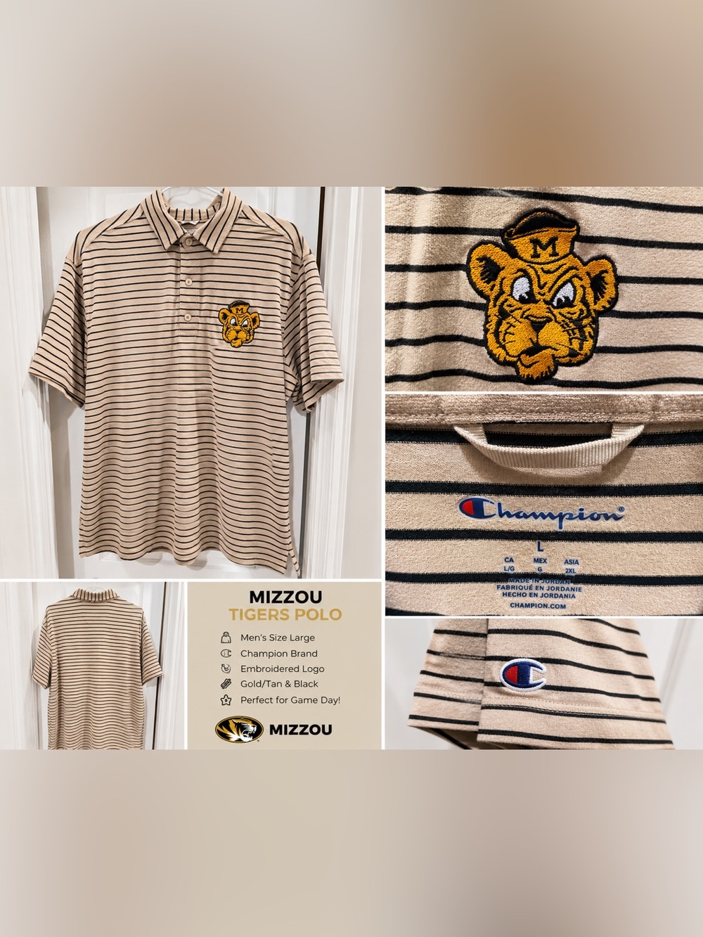 Champion Mizzou Tigers Striped Polo in Gold/Tan & Black